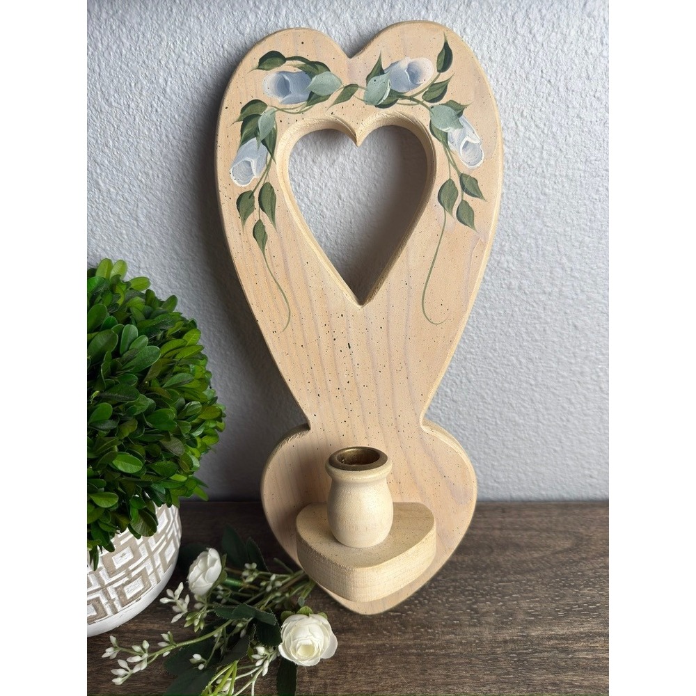 Vintage Wood Heart Wall Sconce Hand Painted Roses Candle Holder Folk Art Decor
